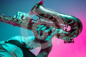 African American jazz musician playing the saxophone.