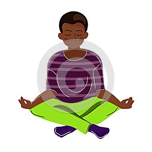 African American Kid doing yoga, meditating.Little boy sitting in lotus position.Mental health concept.Vector