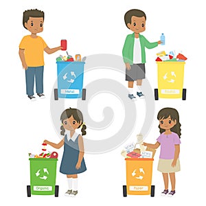 African American Kids Sorting Trash for Recycling Vector Set