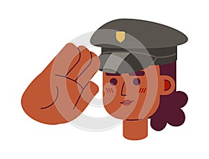 African american lady police officer saluting 2D vector avatar illustration