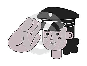 African american lady police officer saluting black and white 2D vector avatar illustration