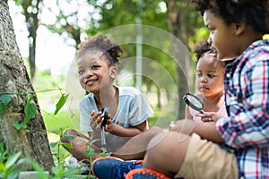 African American little girls with friends exploring and looking bugs on the tree with the magnifying glass between learning