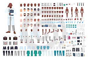 African American male doctor or physician constructor set or DIY kit. Bundle of body parts in different poses, uniform