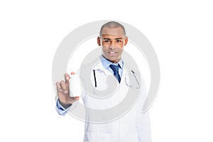 african american male doctor in white coat with pill bottle,