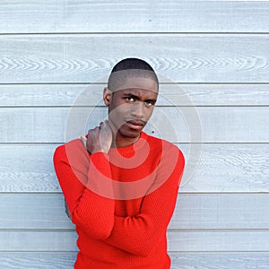 African american male fashion model in red sweater