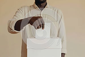 African American male hand putting vote in ballot box against ivory background. Ballot box with man casting vote on