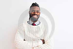 African american man with braids wearing white sweater over isolated white background happy face smiling with crossed arms looking