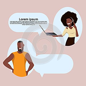 African american man chat bubble communication call center woman operator concept speech dialog support service cartoon