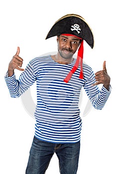 African american man in costume pirate on white background.