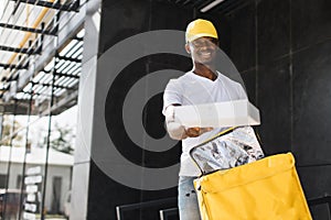 African American man courier from express delivery, shopping online concept
