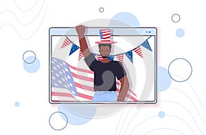 African american man in festive hat celebrating 4th of july independence day concept