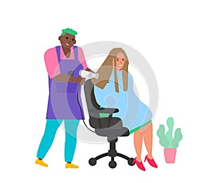 african american man hairsylist using hairdryer sitting woman client vector