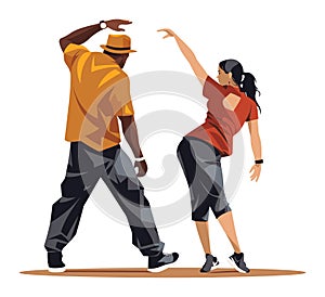 African-American man in a hat and woman dancing together. Stylish dancers performing street dance moves