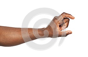 African-American man holding something in hand on white background photo