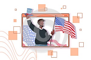 African american man holding usa flag and hat celebrating 4th of july independence day concept