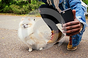 African american man making self portrait with fluffy spitz in summer spring park