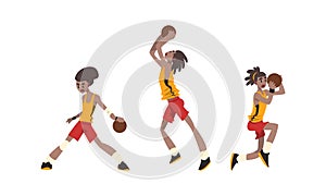 African American Man Playing Basketball Set, Male Athlete Character in Sports Uniform Running and Jumping with Ball