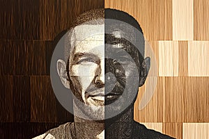 African american man portrait over wooden background. Collage. Toned. photo