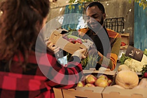 African american man showing box of natural farming produce to woman