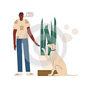 An African American man is training his dog. Friendship between pet and human. Vector illustration in flat style