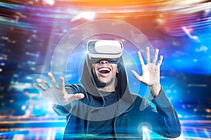 African American man in vr glasses playing game