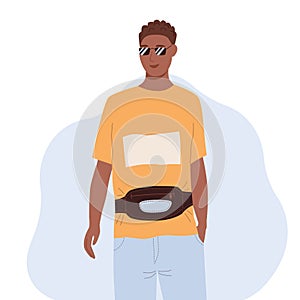 African American man wearing sunglasses and with fanny pack