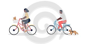 African american man and woman on bicycle with dogs flat color vector detailed character set