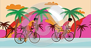 African American man and woman cyclists is riding bicycle on the beach with sunset. Summer Cartoon animation, flat