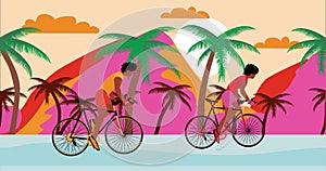 African American man and woman cyclists is riding bicycle on the beach with sunset. Summer Cartoon , flat design