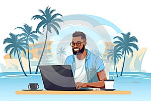African american man working remotely from tropical beach. Freelancer guy using laptop chats and surfs internet