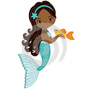 African American Mermaid with Turquoise Fishtail. Vector Mermaid