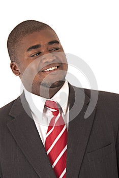 African American model in gray business suit red striped tie