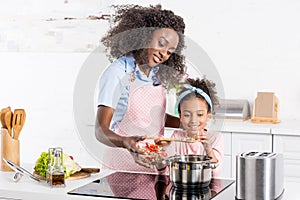 african american mom and daughter cooking on electric