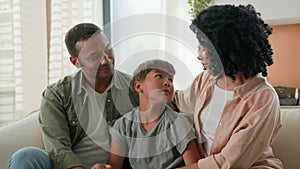 African American mother and father loving mum dad family portrait multiracial couple parents and Caucasian adopted child