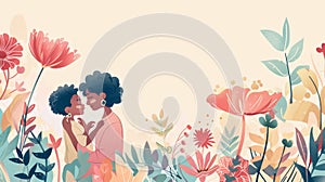 African American mother hugging her child in a garden full of flowers and plants. Copy space