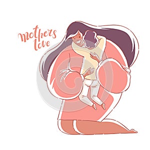 African American mother hugs son. Mother`s love. Hand drawn style vector design illustrations.