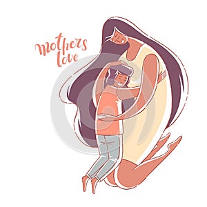 African American mother hugs son. Mother`s love. Hand drawn style vector design illustrations.