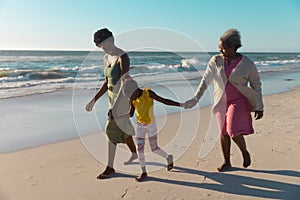 African american multi-generation family holding hands and walking at beach against sea and sky