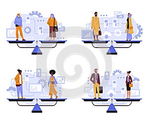 African American, Muslim and White Female stand on the balancing scale with male of same origin, gender equality vector.