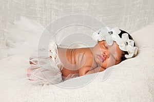 African American Newborn Asleep Ivory Headband Tutu