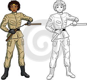 African American Nunchuck girl in military uniform