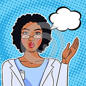 African american nurse pointing on speech bubble, vector illustration in pop art retro comic style