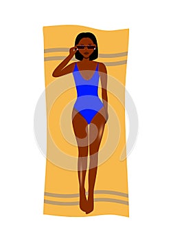 African american people. Beautiful girl sunbathing on beach. Vector flat illustration