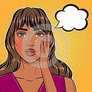 African american pop art woman crying face with teardrops holding her head and thinking in retro comic style