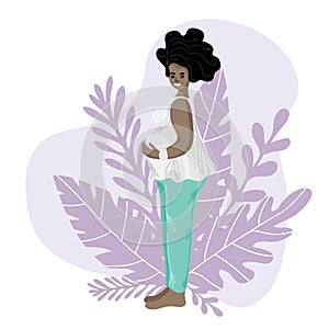 African american pregnant woman, future mom hugging belly with arms. Happy and healthy pregnancy concept