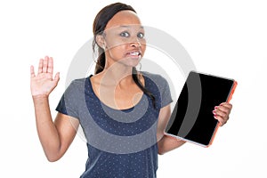 African american pretty woman showing black mockup empty tablet pc with blank clean screen