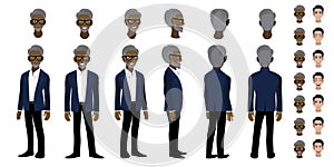 African American Professor cartoon character head set and animation. Front, side, back, 3-4 view character. Flat icon design photo