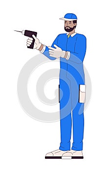 African american repairman with drill 2D linear cartoon character