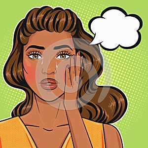 African american sad pop art woman face crying with teardrops holding her head with thinking bubble in retro comic style