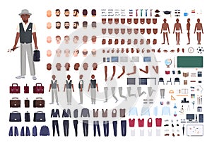 African American school art teacher creation set. Collection of male body parts in different poses, clothes isolated on